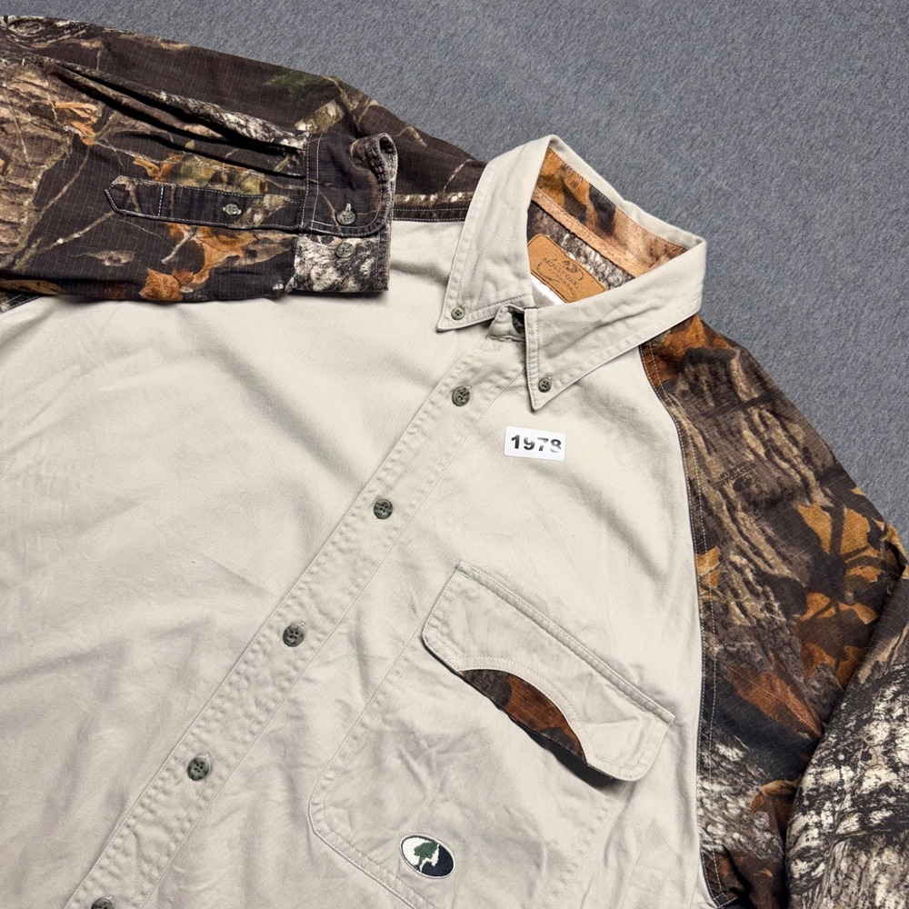 Mossy Oak Apparel Outfitter Mens Large Camo Raglan Sleeve Button Down Shirt Tan